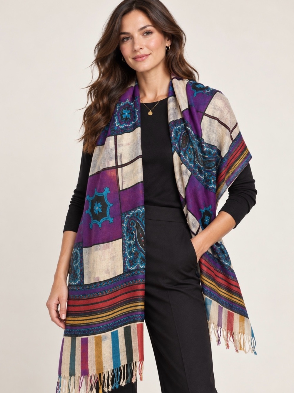 Tolani Wool Silk Paisley Patchwork Scarf Wrap Purple Teal 28 × 81